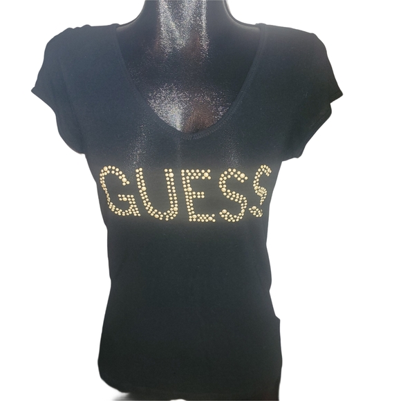 Guess Black Tshirt With Beaded Logo Front L - Picture 1 of 5